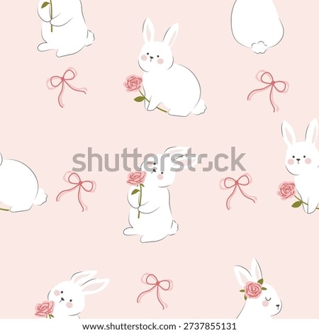 seamless  cute white rabbits with roses pattern and bows on pink background , vector , illustration