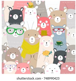 Seamless cute winter blue pink bear,pastel colorful,crowd of funny cerebrated baby teddy cartoon,for Christmas or New year card background pattern vector,hand draw doodle comic art illustration