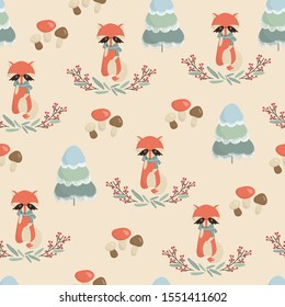 Seamless cute winter christmas pattern made with fox, mushroom, plants, snow, tree. Vector illustration
