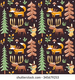 Seamless cute winter christmas pattern made with fox, rabbit, mushroom, moose, bushes, plants, snow, tree