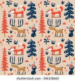 Seamless cute winter christmas pattern made with fox, rabbit, mushroom, moose, bushes, plants, snow, tree
