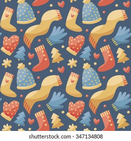Seamless cute winter christmas pattern made with winter clothes, hat, scarf, gloves, mittens, heart, Christmas tree