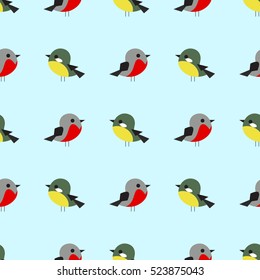 Seamless cute winter pattern with cute birds - bullfinches and tit-mouses. Perfect for fabric, wrapping paper, oilcloth etc.
