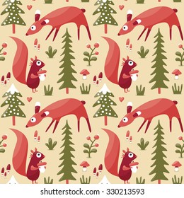 Seamless cute winter pattern made with squirrel, deer, mushroom, bushes, plants, snow, tree, heart, berries