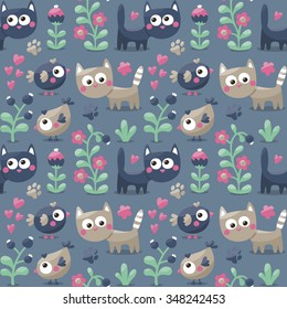 Seamless cute winter  pattern made with cats, flowers, plants,  hearts, berries, birds, Valentine's day, lovers, couple, traces