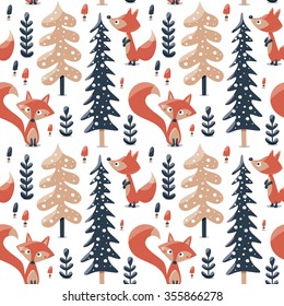 Seamless cute winter pattern made with foxes, trees, plants, mushrooms