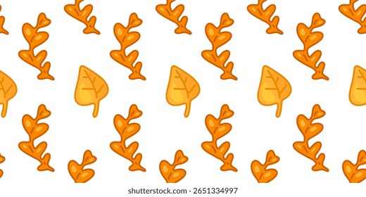 Seamless Cute Yellow Leaf Pattern. Bright orange and yellow cartoon leaves arranged on white background in a playful seamless design. Flat autumn style with cheerful fall vibe.