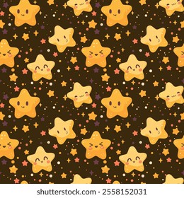 Seamless, cute, yellow stars, pattern, dark background, kids, fabric, wrapping paper, digital design, textile, starry night, happy faces, dots.  