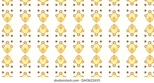 Seamless cute yellow turtle pattern on a white background with star accents. Great for children’s apparel, nursery prints, or cheerful marine designs.