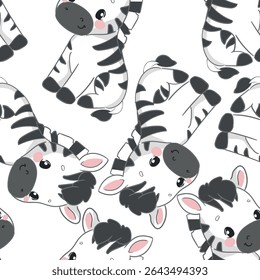 Seamless cute zebra pattern for kids, baby animal cartoon background, nursery design isolated on white