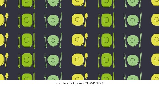 Seamless Cutlery Pattern Background - Rows of Retro Style Hand Drawn Fork, Spoon, Knife and Plate Symbols