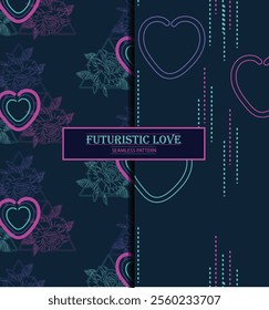 Seamless cutting-edge design, tech-inspired romance pattern Bold ,Sleek and Minimalistic Modern Style used in high-tech gifting, stationery, digital greeting cards for modern younger generation  