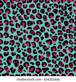 Seamless cyan magenta and black animal leopard print with skulls pattern vector