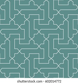 Seamless cyan and white classical arabic diagonal cross and star pattern vector