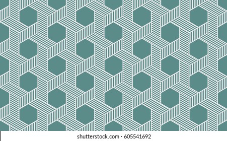 Seamless cyan and white hexagonal isometric ornate pattern vector