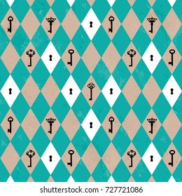 Seamless Cyan White Rhombus Old Black Keys Brown Paper Pattern