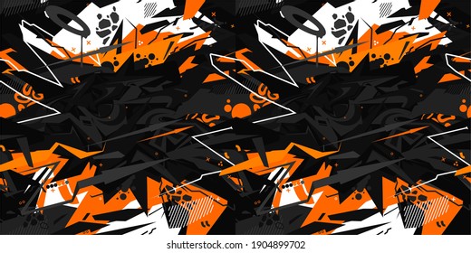 Seamless Cyberpunk Orange And White And Black Abstract Graffiti Style Pattern Vector Illustration Art