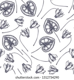 Seamless cyclamen pattern. Hand drawn floral elements. Spring flower sketch. Vintage botanical illustration. Vector garden or forest plant background.