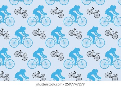 Seamless cycling pattern featuring blue and black cyclists on light blue background. Great for sportswear, posters, active lifestyle, and fitness designs.