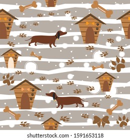 Seamless Dachshund Dog Pattern with bones, bows, dog houses and footprints. Vector Illustration