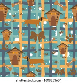 Seamless Dachshund Dog Pattern with bones, bows, dog houses and footprints. Vector Illustration