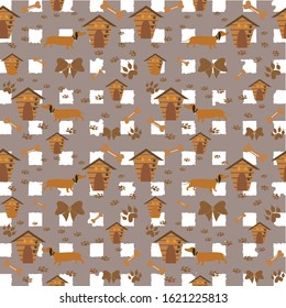 Seamless Dachshund Dog Pattern with bones, bows, dog houses and footprints. Vector Illustration