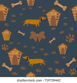 Seamless dachshund Dog Pattern with paws and dog houses. Vector Illustration