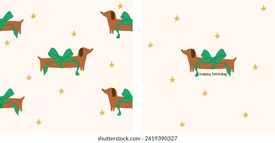 Seamless Dachshund-sausage dog pattern with happy birthday text. Animal pattern for kids textile, nursery decor, fabric, wrapping paper, vector. Cute trendy design. Vector funky illustration.