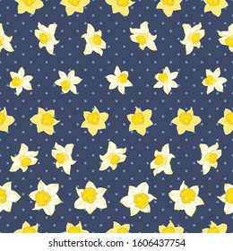 Seamless daffodil pattern on blue polka dots background