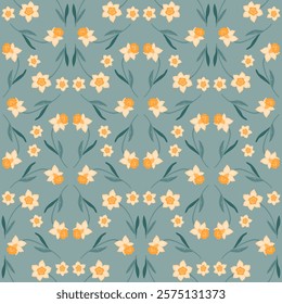 Seamless daffodil pattern on a green background. Garden flowers, daffodils, narcissosaurs. Vector illustration in a flat style.