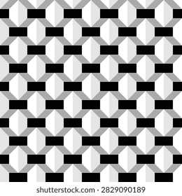 Seamless dagonal weave pattern created from black rectangles and dark grey parallelograms against a background of pale grey and white stripes