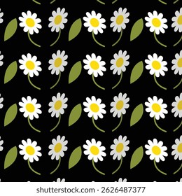 seamless daisies  floral pattern  on black background ,