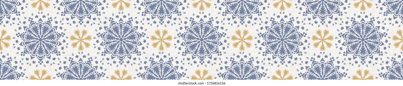 Seamless daisy border pattern in french blue linen shabby chic style. Hand drawn floral damask texture. Old white blue background. Interior home decor edge bordure. Ornate flourish motif ribbon trim.