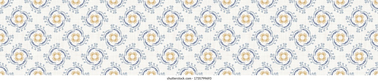 Seamless daisy border pattern in french blue linen shabby chic style. Hand drawn floral damask texture. Old white blue background. Interior home decor edge bordure. Ornate flourish motif ribbon trim.