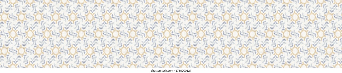 Seamless daisy border pattern in french blue linen shabby chic style. Hand drawn floral damask texture. Old white blue background. Interior home decor edge bordure. Ornate flourish motif ribbon trim.
