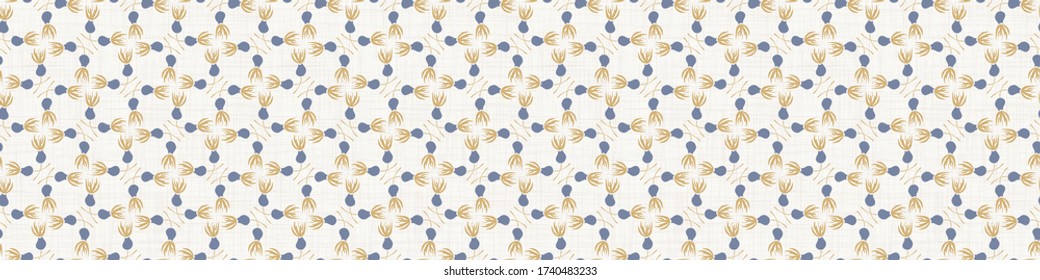 Seamless daisy border pattern in french blue linen shabby chic style. Hand drawn floral damask texture. Old white blue background. Interior home decor edge bordure. Ornate flourish motif ribbon trim.