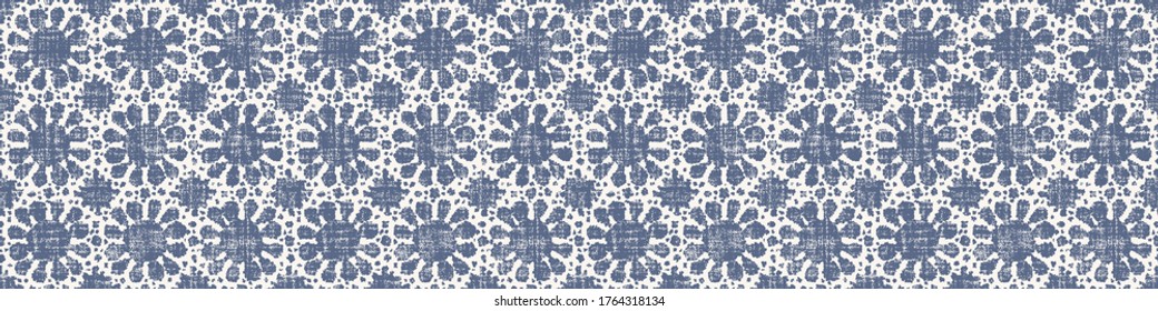 Seamless daisy border pattern in french blue linen shabby chic style. Hand drawn floral damask texture. Old white blue background. Interior home decor edge bordure. Ornate flourish motif ribbon trim.