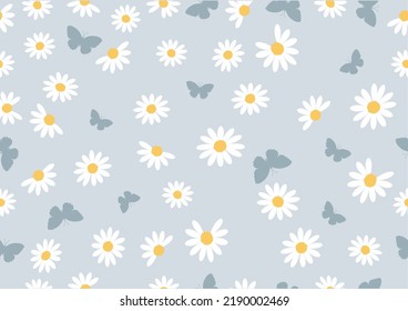 Seamless daisy and butterfly pattern repeating texture background design for fashion graphics, textile prints, fabrics, wallpapers.