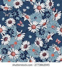 Seamless Daisy Floral Pattern with Butterflies – Vintage Botanical Background in Blue Tones.