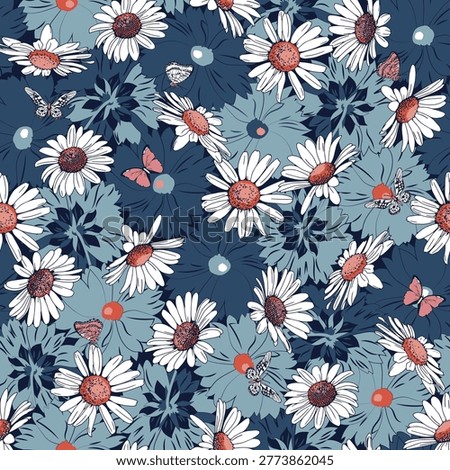 Seamless Daisy Floral Pattern with Butterflies – Vintage Botanical Background in Blue Tones.
