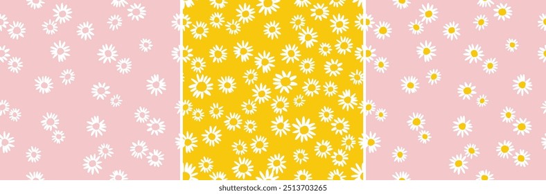 Padrão floral de margarida sem costura. Bonito e feminino mão desenhada vetor margaridas em rosa, amarelo e branco. Arte de verão de primavera para moda, roupa noturna, bebê, meninas, papel, estacionário e adolescentes. Conjunto de 3