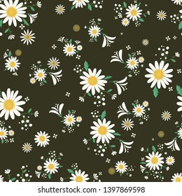 Seamless daisy floral pattern in dark background, Beautiful daisy floral, bloomy plant grass decor, illustration - Vector