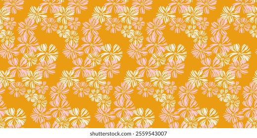 Seamless daisy floral pattern with flowers on a vibrant mustard yellow background. Designs plain botanical print for textiles, home decor, packaging, and stationery, adding warmth and charm.