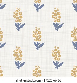 
Seamless daisy floral pattern in french blue linen shabby chic style. Hand drawn country bloom texture. Old white blue background. Kitchen towel home decor swatch. Simple flower motif all over print