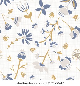  Seamless daisy floral pattern in french blue linen shabby chic style. Hand drawn country bloom texture. Old white blue background. Kitchen towel home decor swatch. Simple flower motif all over print