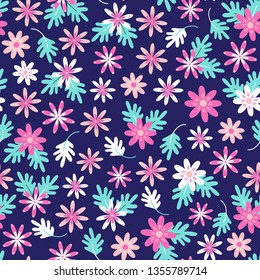 Seamless daisy floral pattern in scandinavian folk style vector. Blue background. Illustration