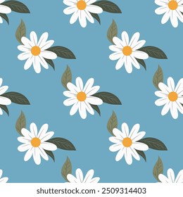 Seamless Daisy Floral Pattern with White Flowers and Green Leaves on Blue Background, Decorative Botanical Design for Textile, Wallpaper, and Fabric, Summer and Spring Theme