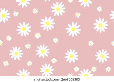 Seamless daisy floral pattern with white chamomile flowers on pink background, cute botanical illustration for fabric, textile, wallpaper, wrapping paper, fashion and spring summer decoration.
