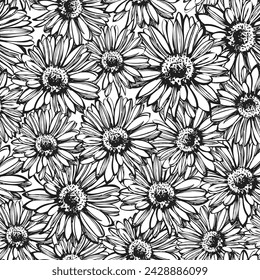 Seamless daisy floral vector pattern. Repeating print with hand drawn daisies on a white background. Black line silhouette drawing style. 
