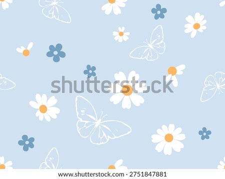 Seamless daisy flower and butterfly pattern on pastel blue background.